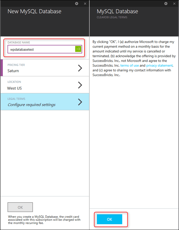 Accepting terms for using ClearDB - Microsoft Azure WordPress